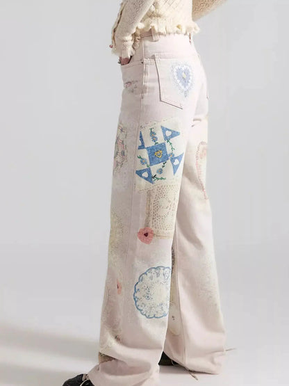 Printed Wide Leg Jeans by Trendsi