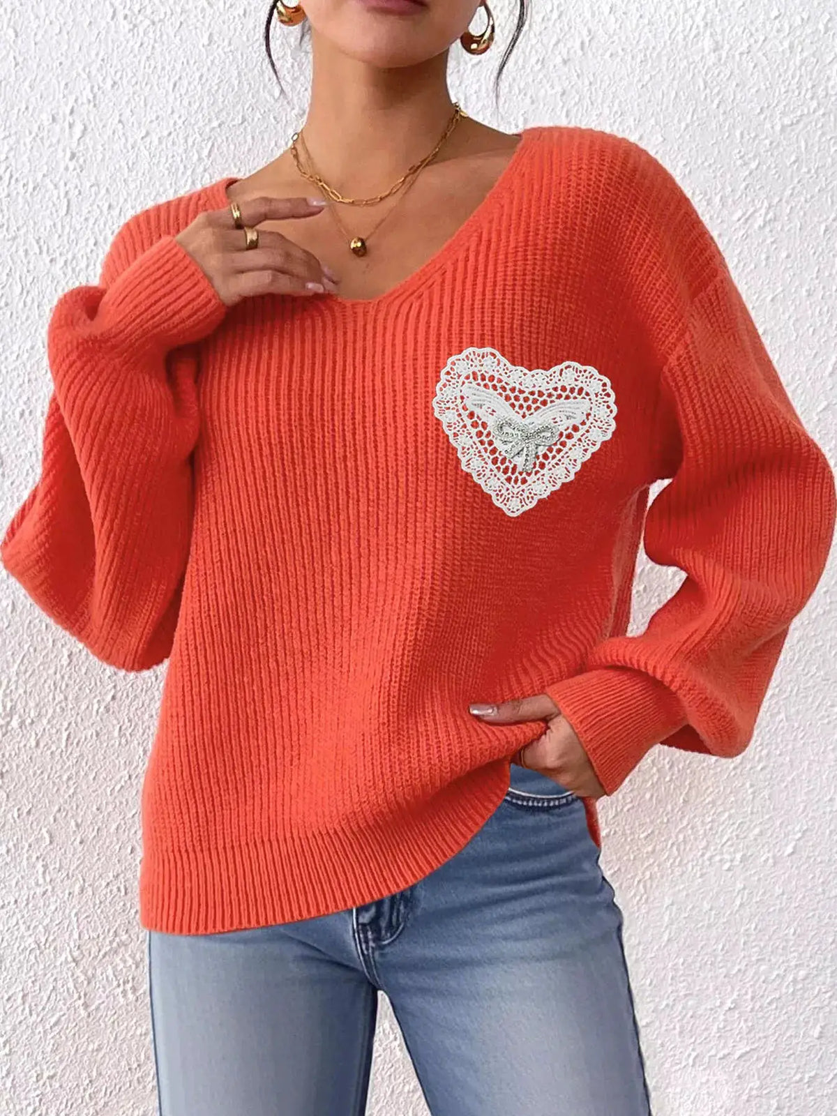 Lace Heart Dropped Shoulder Sweater by Trendsi