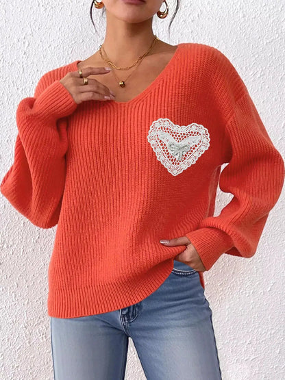 Lace Heart Dropped Shoulder Sweater by Trendsi
