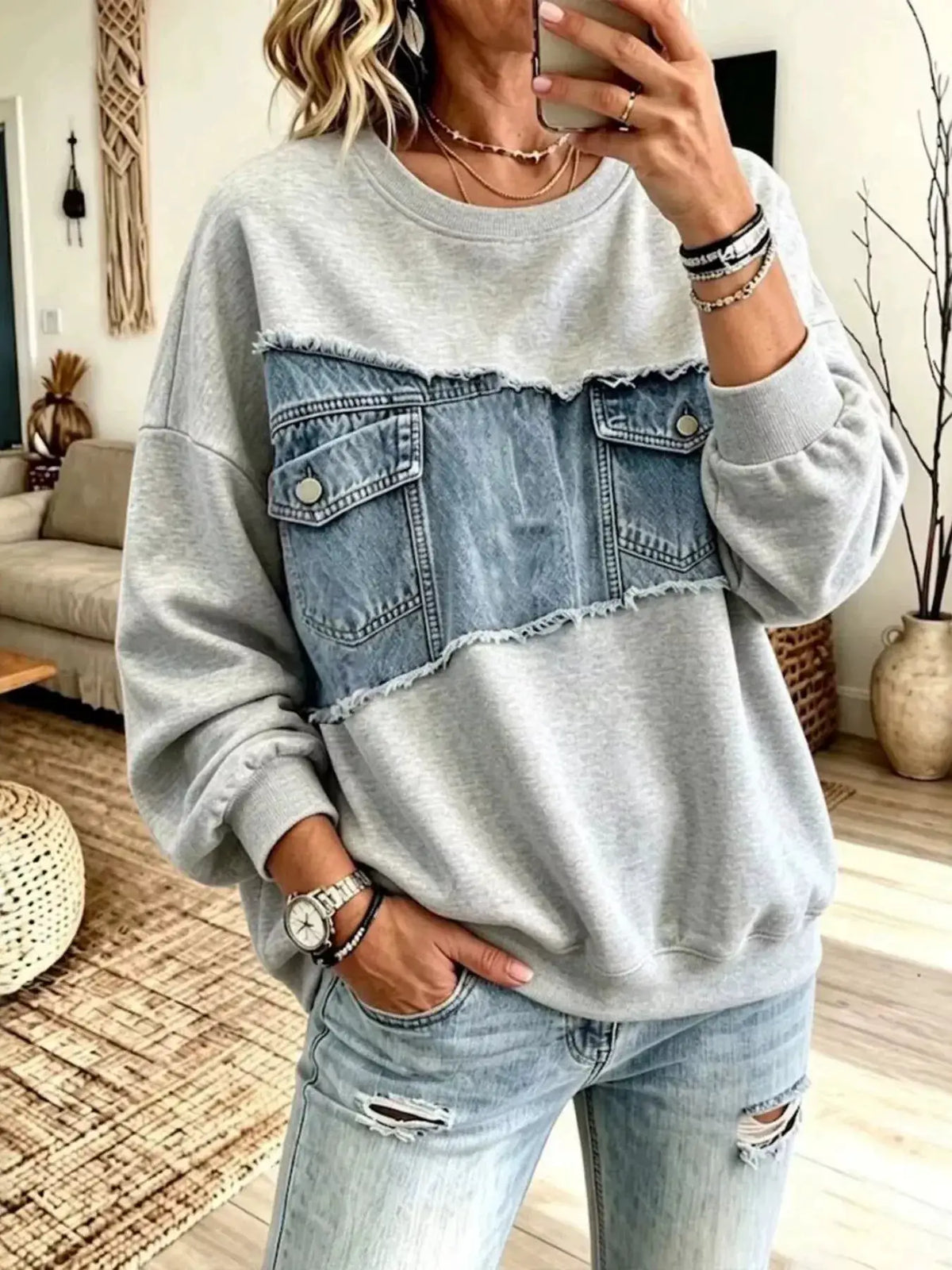 Full Size Denim Patchwork Dropped Shoulder Sweatshirt Plus Size by Trendsi