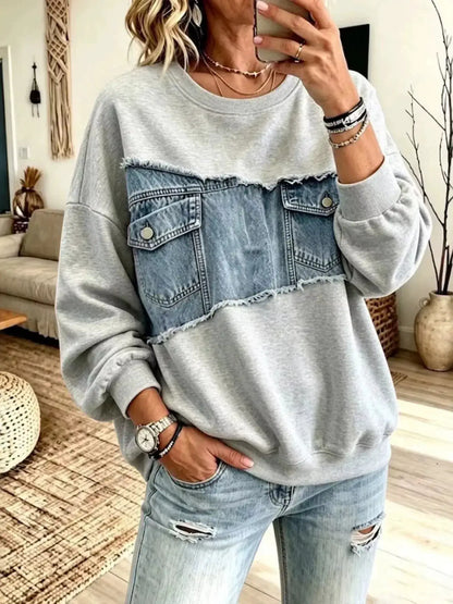 Full Size Denim Patchwork Dropped Shoulder Sweatshirt Plus Size by Trendsi