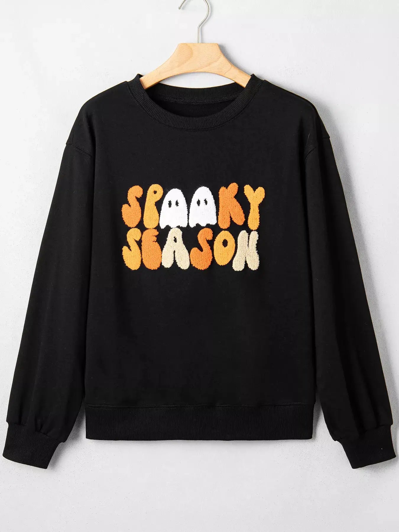 Embroidered Spooky Season Long Sleeve Round Neck Sweatshirt by Trendsi