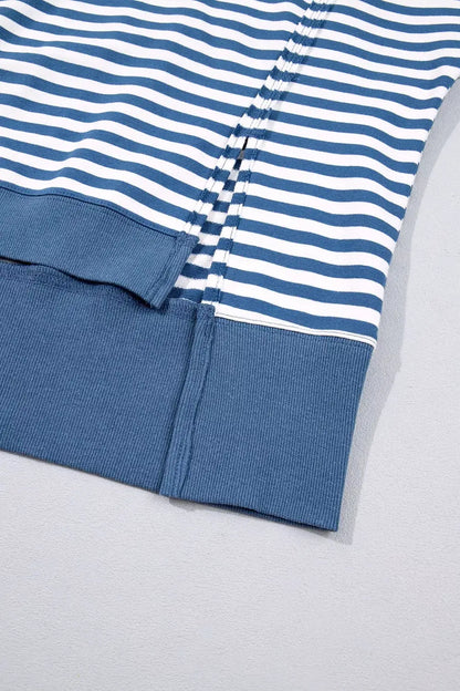 Stripe Color Block Trim Raw Seam Split Hem Loose Sweatshirt by Trendsi