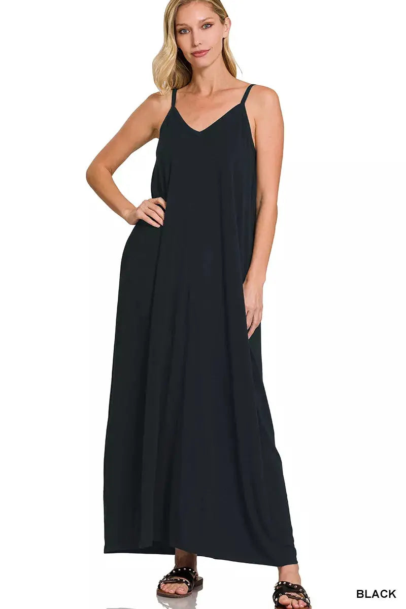 Zenana V-Neck Cami Maxi Dress with Side Pockets by Trendsi