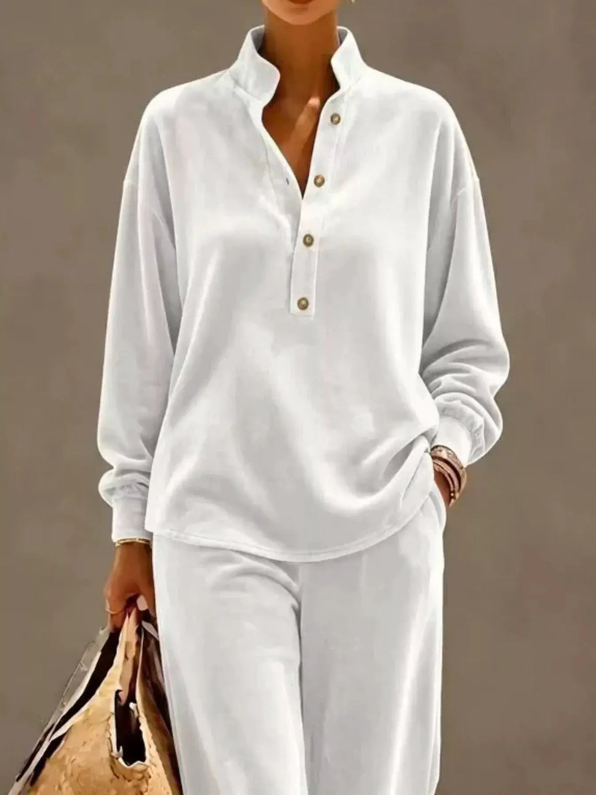 Full Size Half Button Top and Wide Leg Pants Set Plus Size by Trendsi