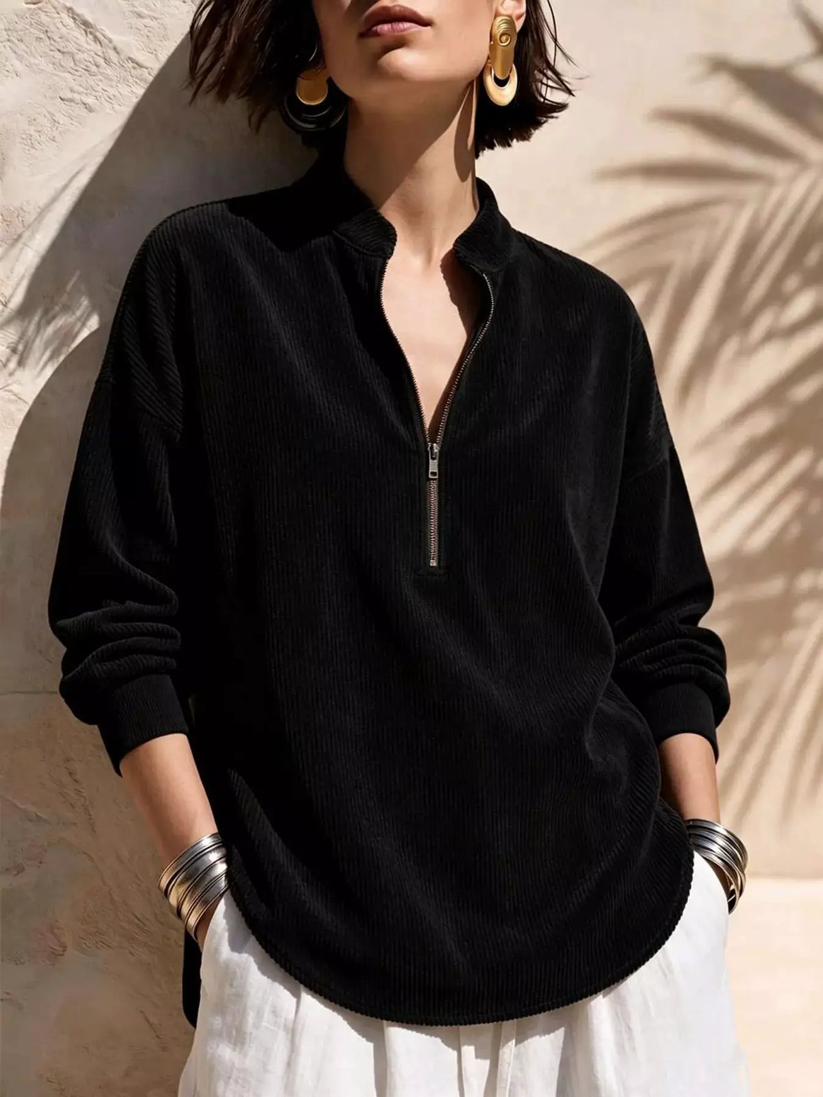 Full Size Half Zip Dropped Shoulder Corduroy Top Plus Size by Trendsi