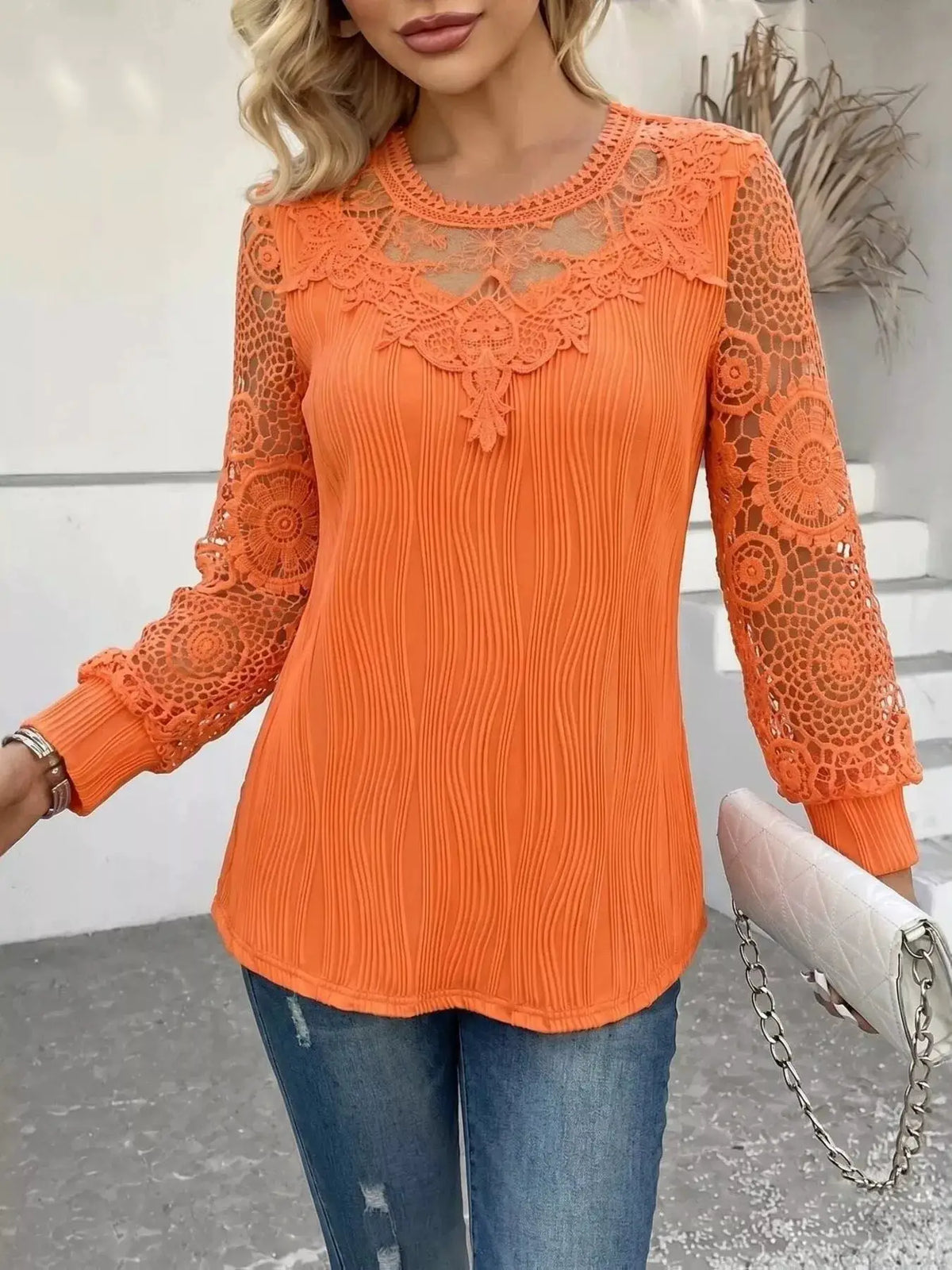 Lace Patchwork Long Sleeve Blouse by Trendsi