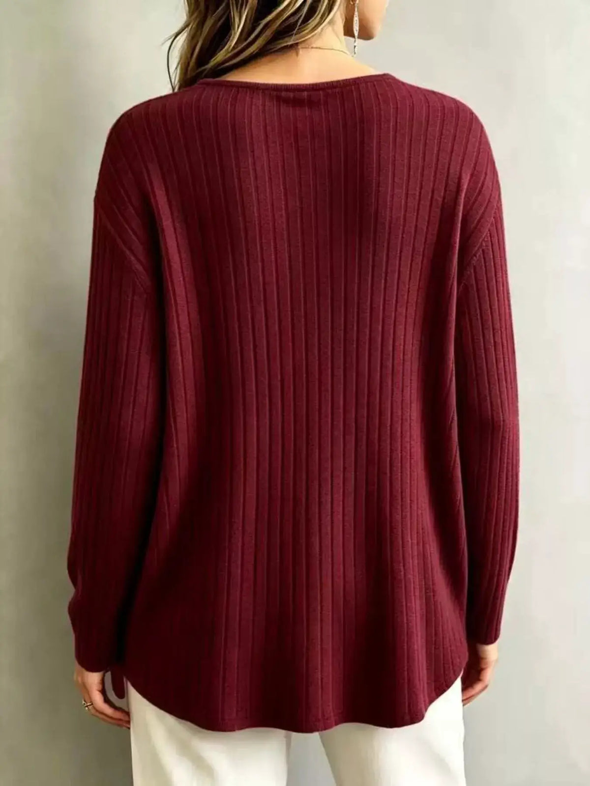 V-Neck Ribbed Long Sleeve T-Shirt by Trendsi