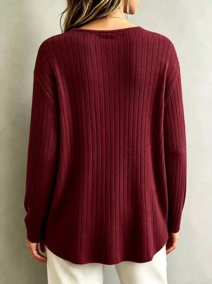 V-Neck Ribbed Long Sleeve T-Shirt by Trendsi