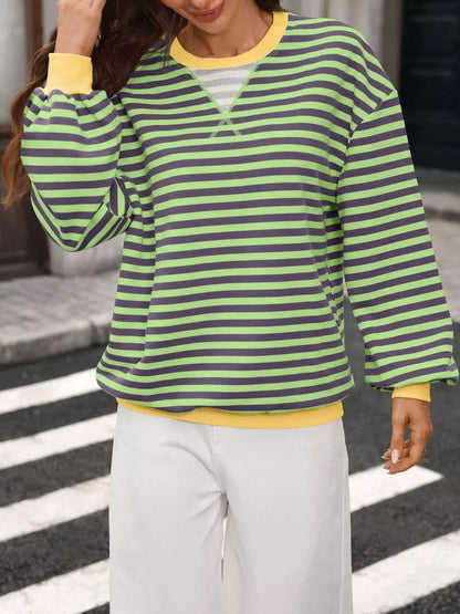Contrast Trim Striped Crew Neck Sweatshirt by Trendsi