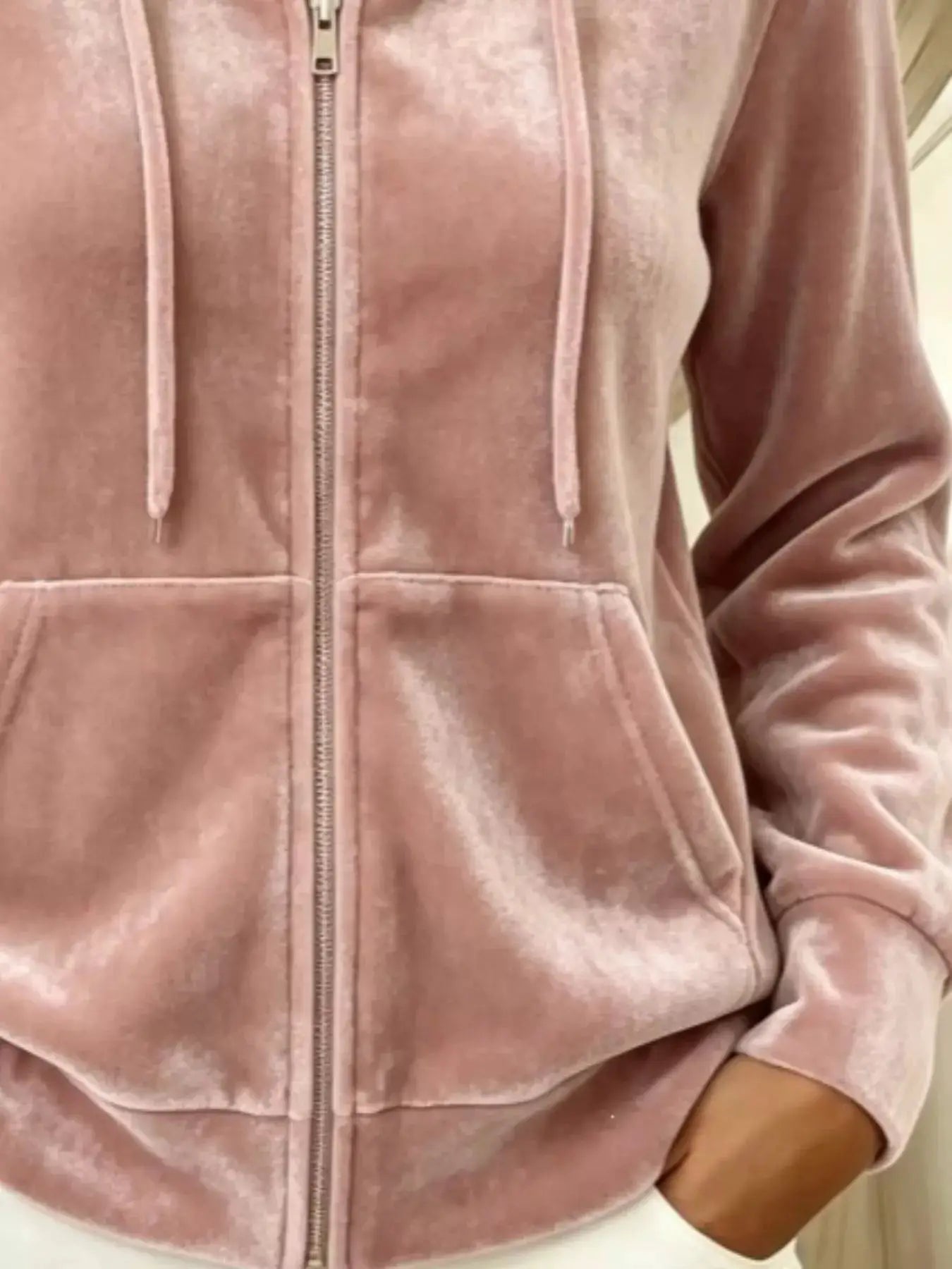 Full Size Velvet Zip-Up Hoodie with Drawstring Plus Size by Trendsi