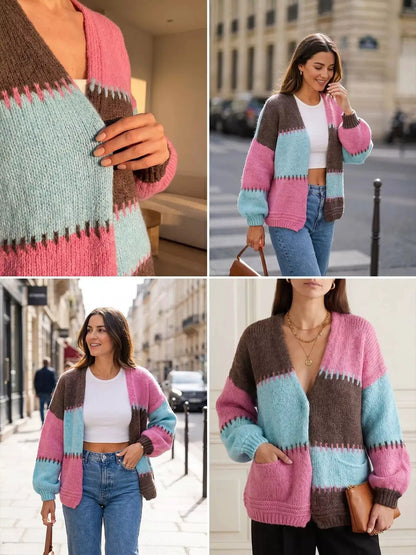 Color-Block V-Neck Cardigan by Trendsi