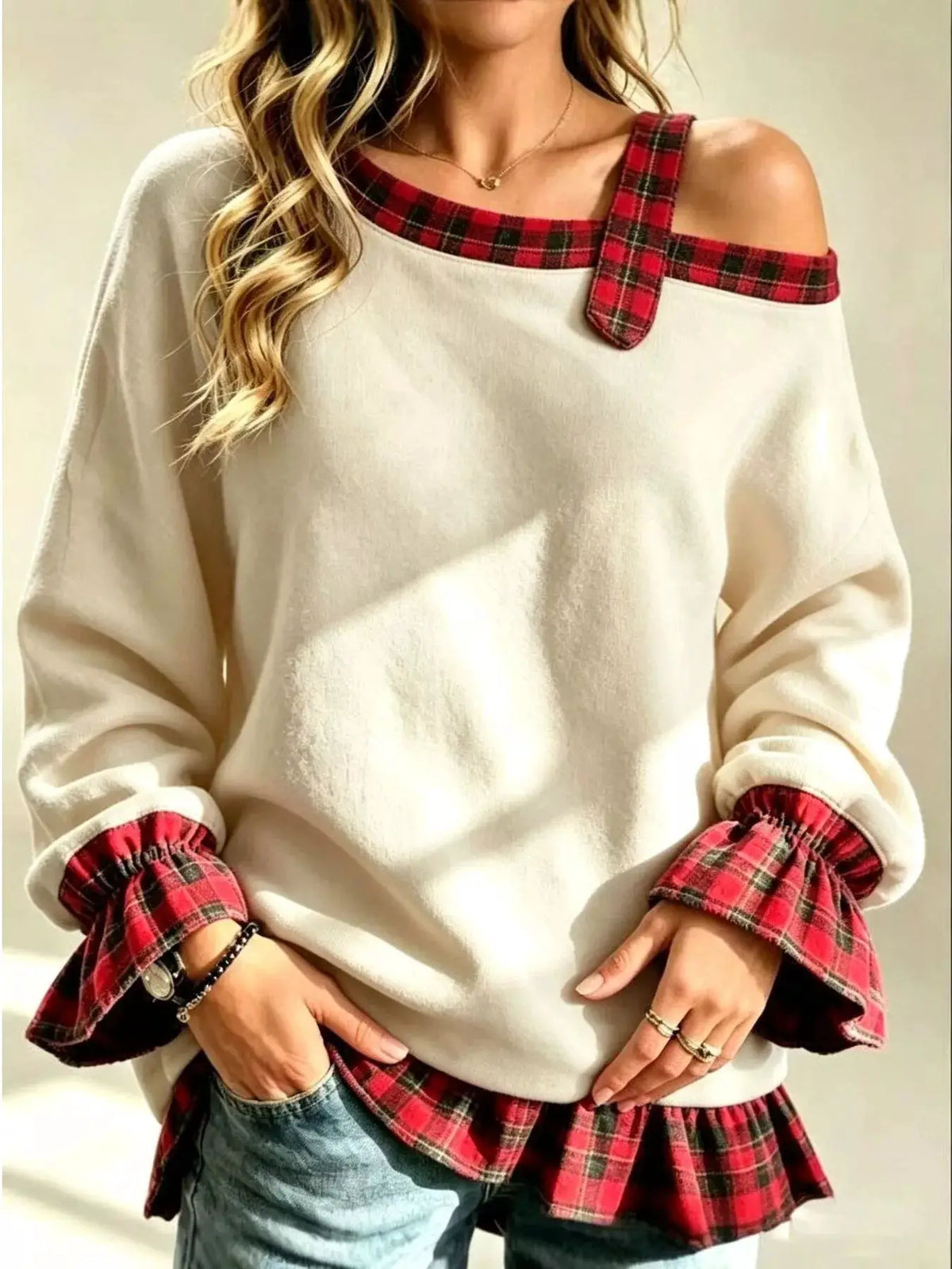 Full Size Cold-Shoulder Plaid Patchwork Long Sleeve Top Plus Size by Trendsi