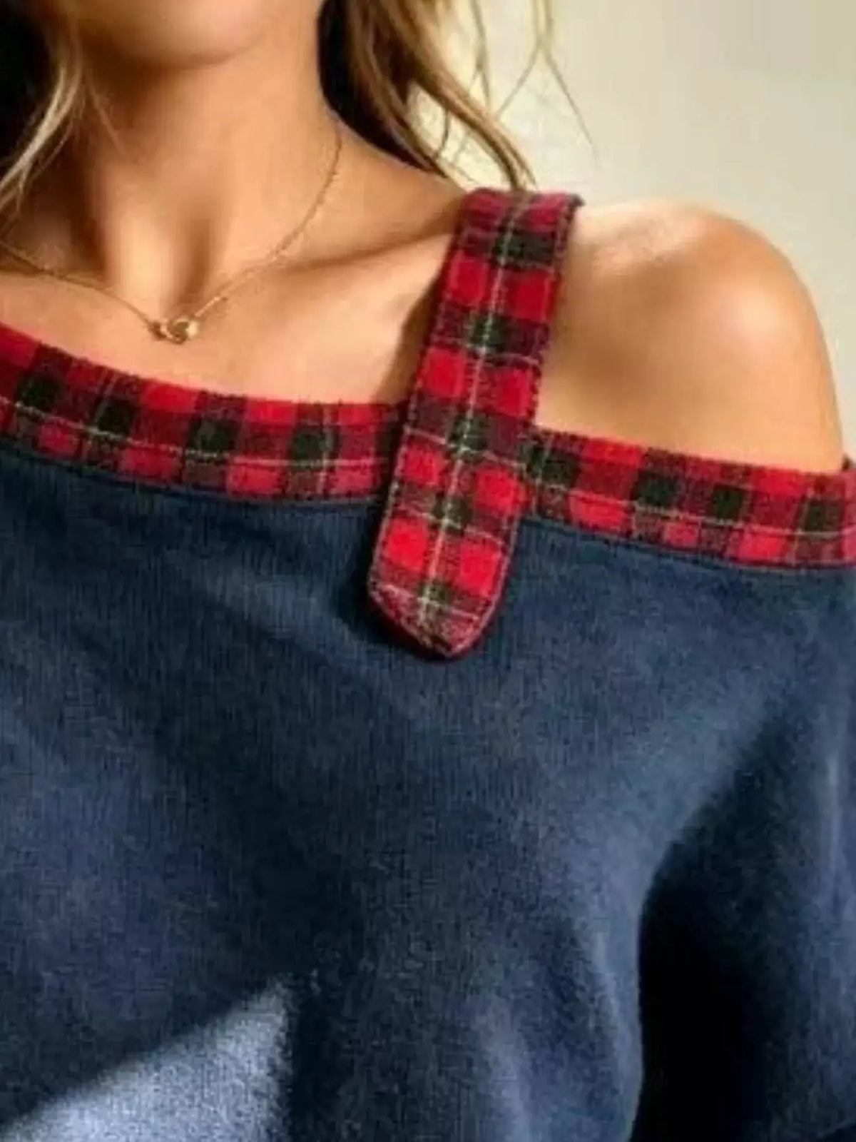 Full Size Cold-Shoulder Plaid Patchwork Long Sleeve Top Plus Size by Trendsi