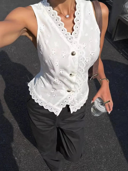 Eyelet Embroidered Button-Front Tank by Trendsi