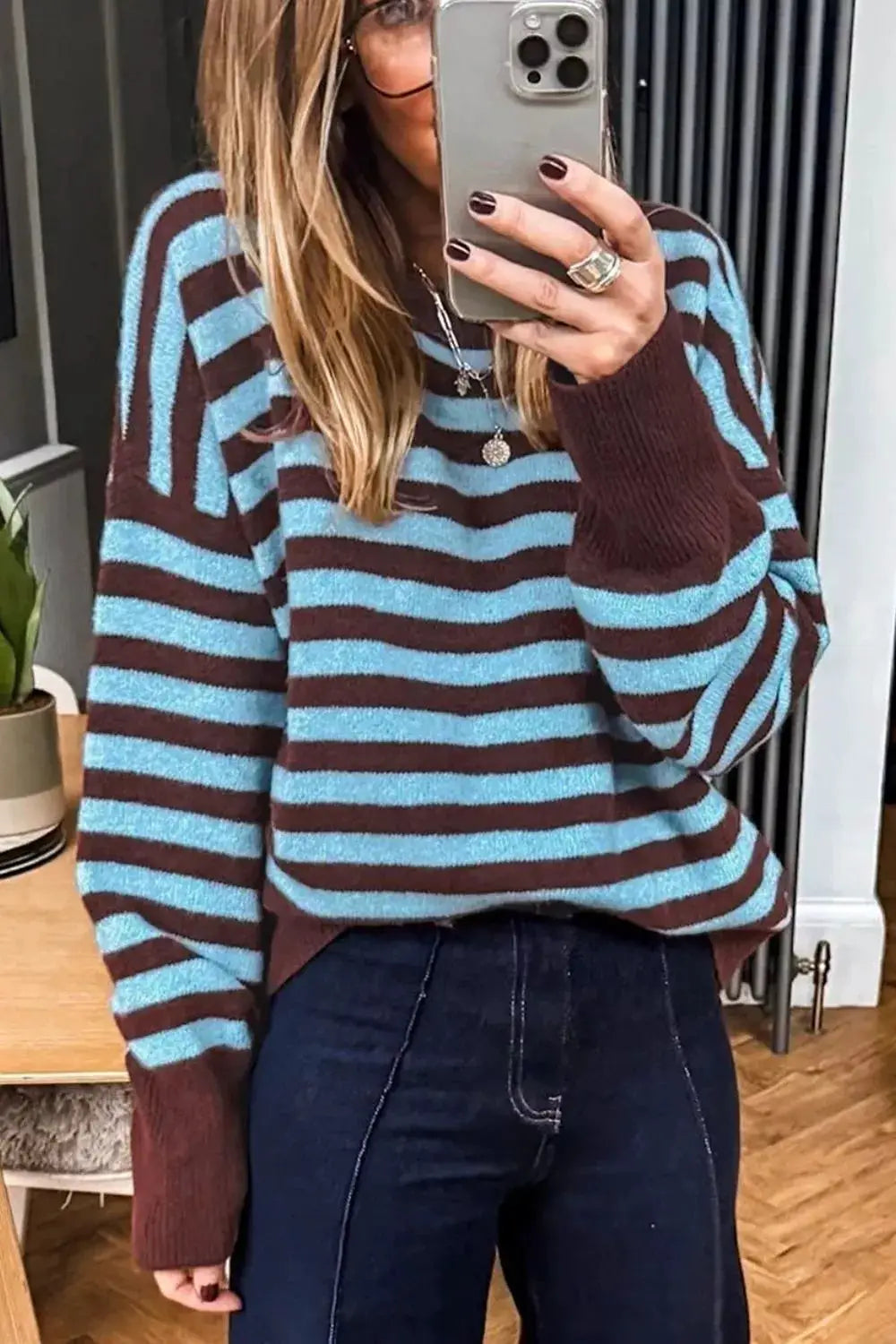 Stripe Color Block Loose Crew Neck Cuffed Sweater by Trendsi