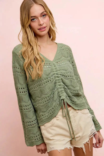 BiBi Pointelle Knit V Neck Ruched Front Lightweight Top by Trendsi