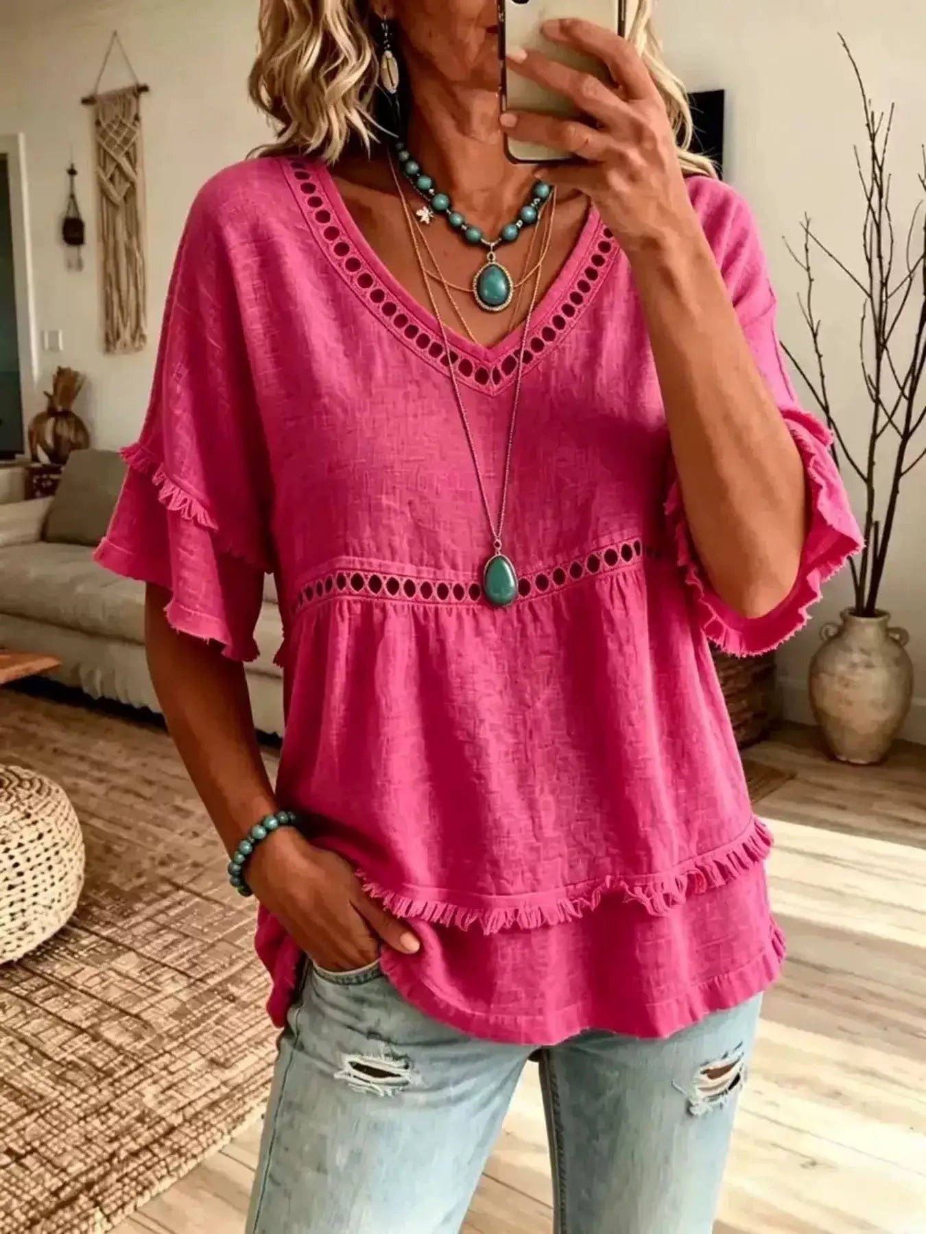 Eyelet V-Neck Frayed Edge T-Shirt by Trendsi