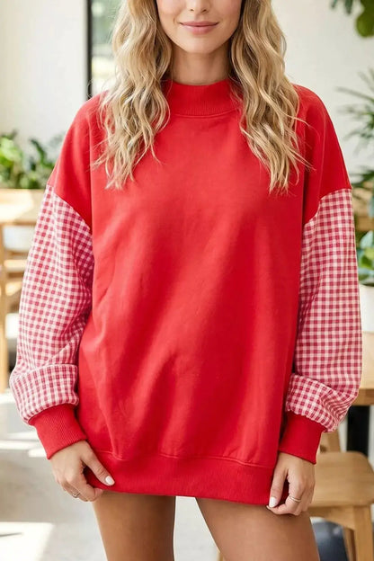 Gingham Contrast Sleeve Crew Neck Sweatshirt by Trendsi