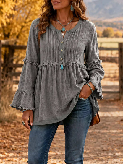 Full Size Frill Notched Long Sleeve Blouse Plus Size by Trendsi