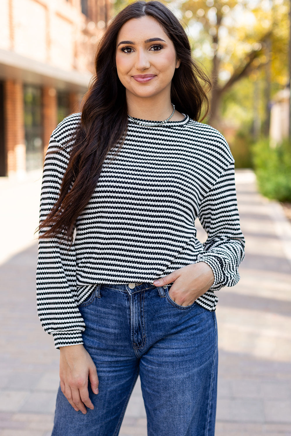 Khaki Stripe Round Neck Drop Shoulder Long Sleeve Top