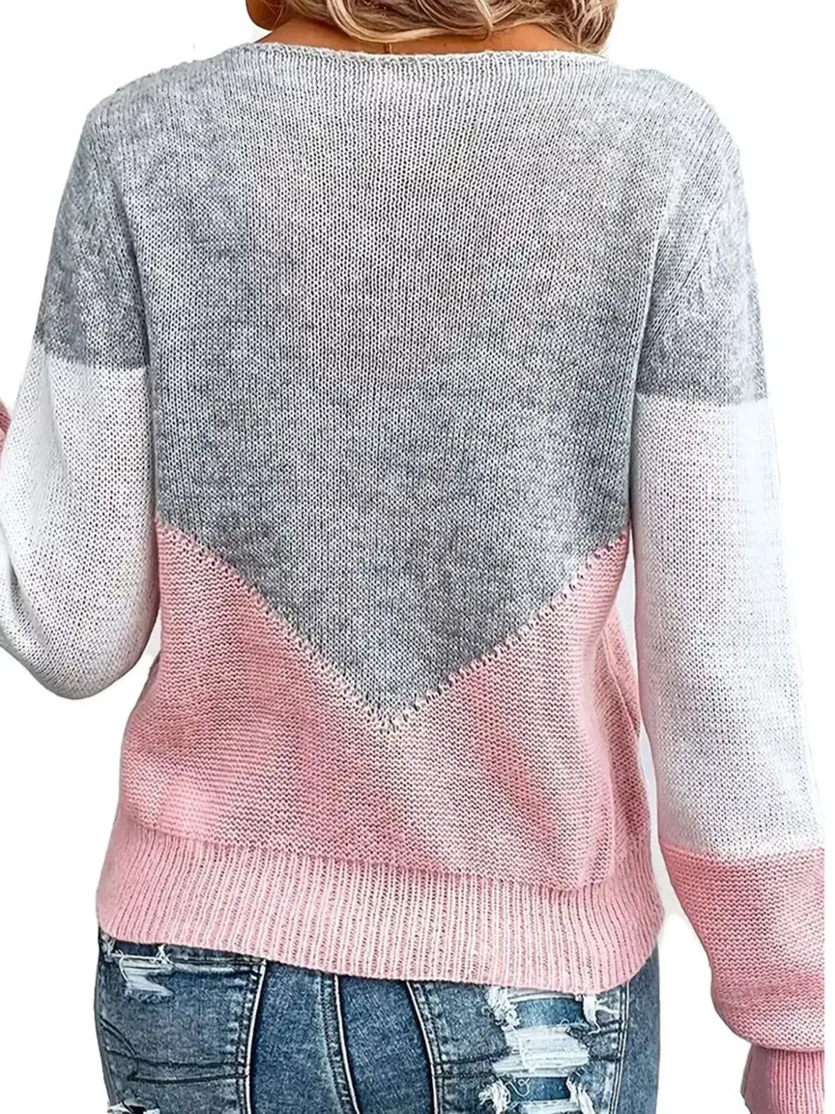 Openwork Color Block Long Sleeve Sweater by Trendsi