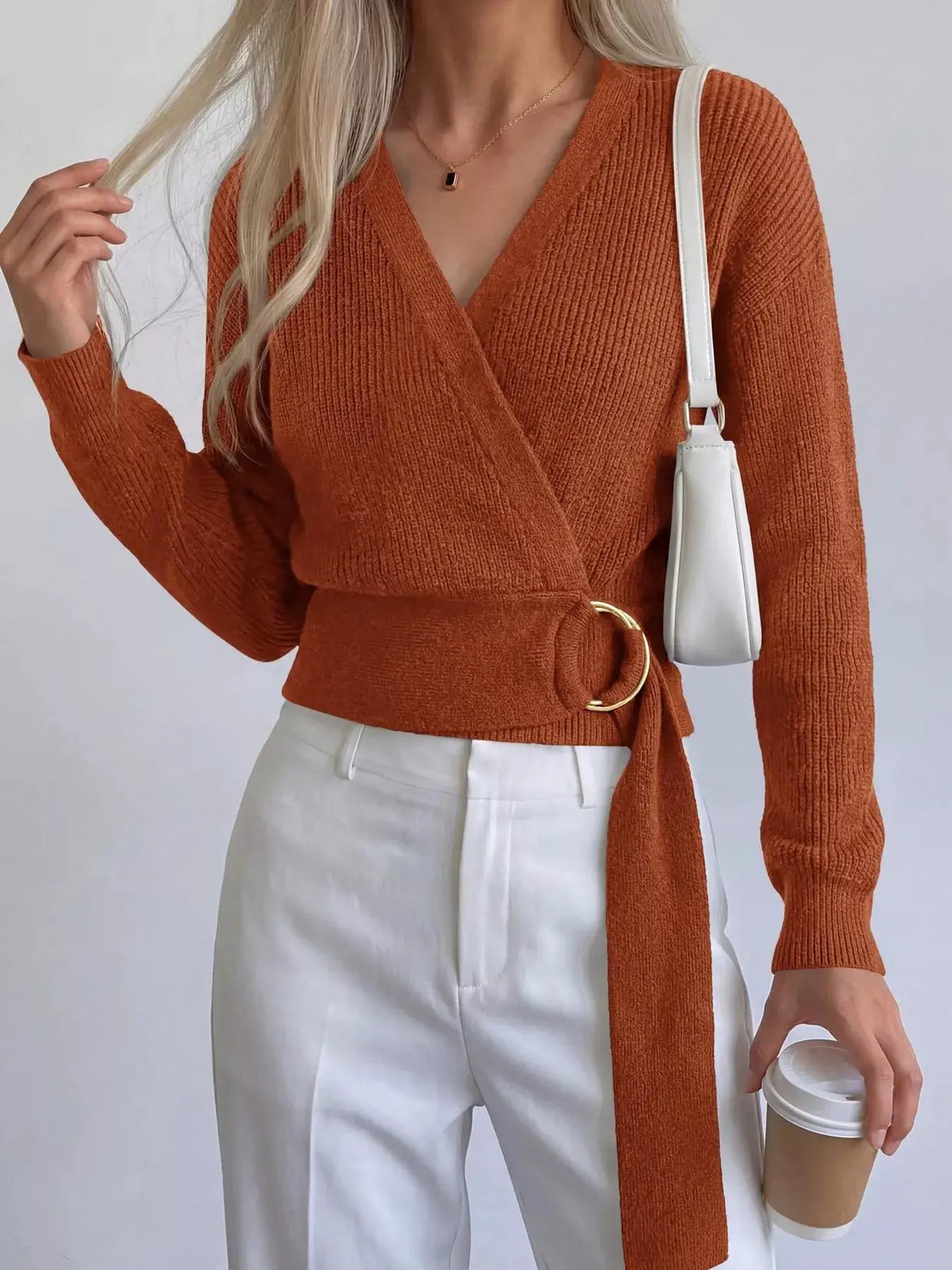Metal Ring Detail Dropped Shoulder Sweater by Trendsi
