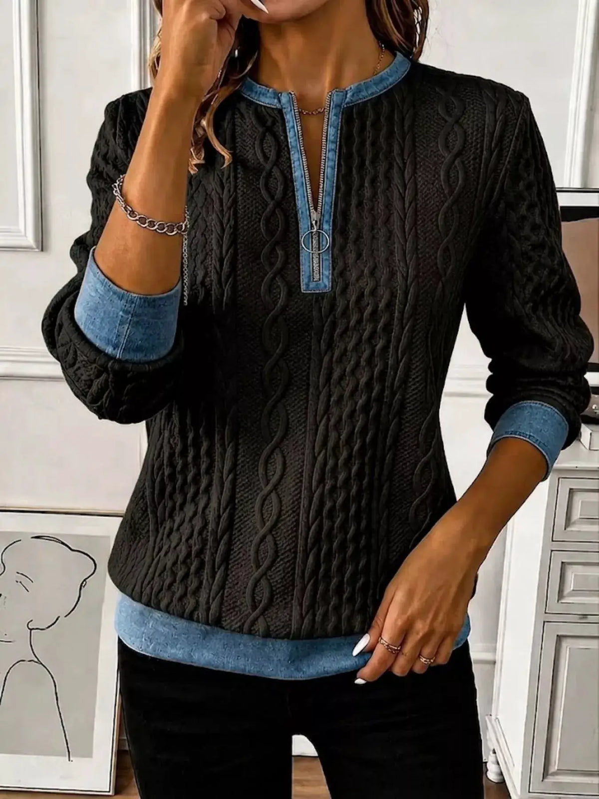 Full Size Denim Contrast Trim Quarter Zip Texture Sweatshirt Plus Size by Trendsi