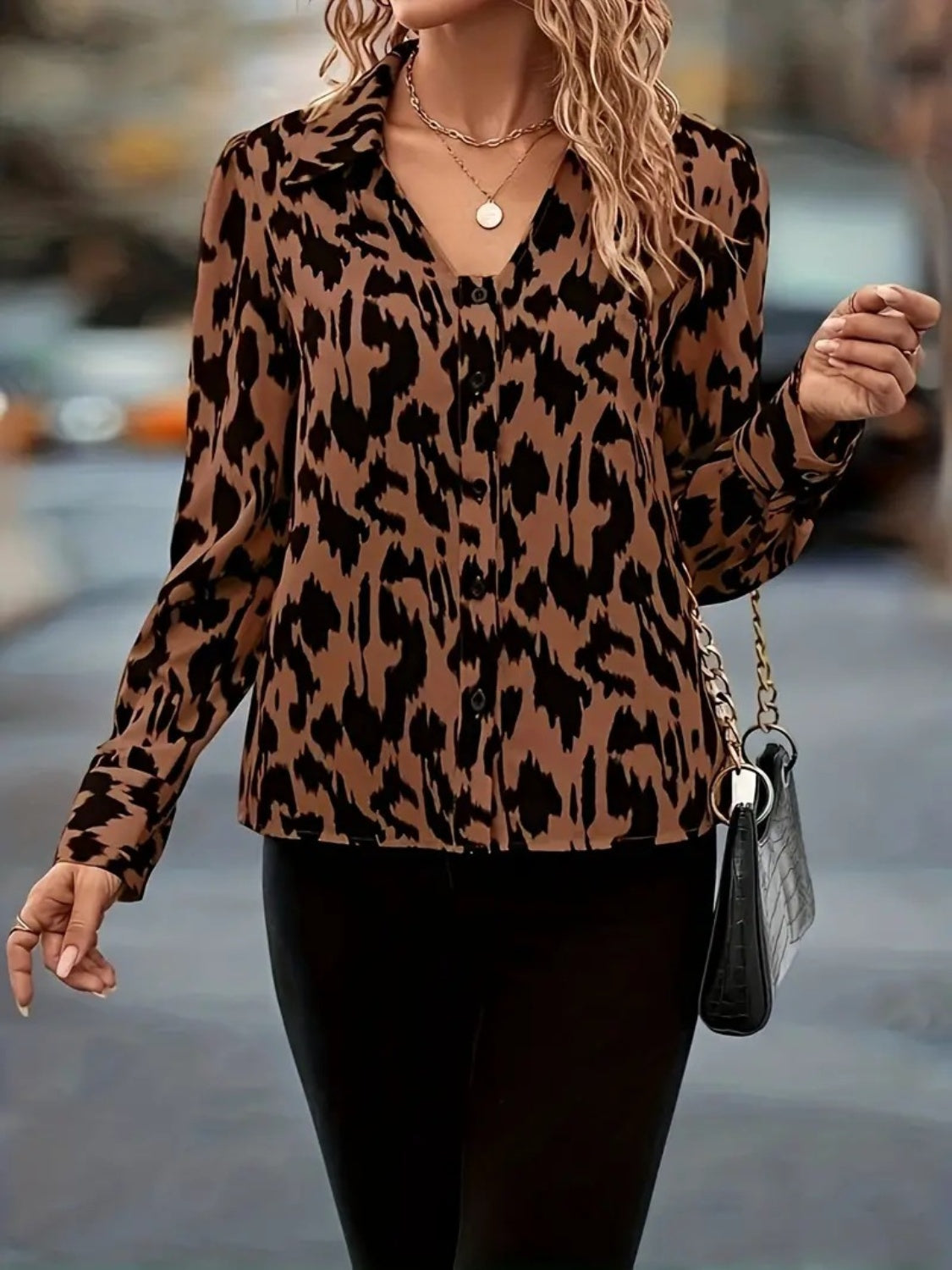 Printed Johnny Collar Long Sleeve Blouse