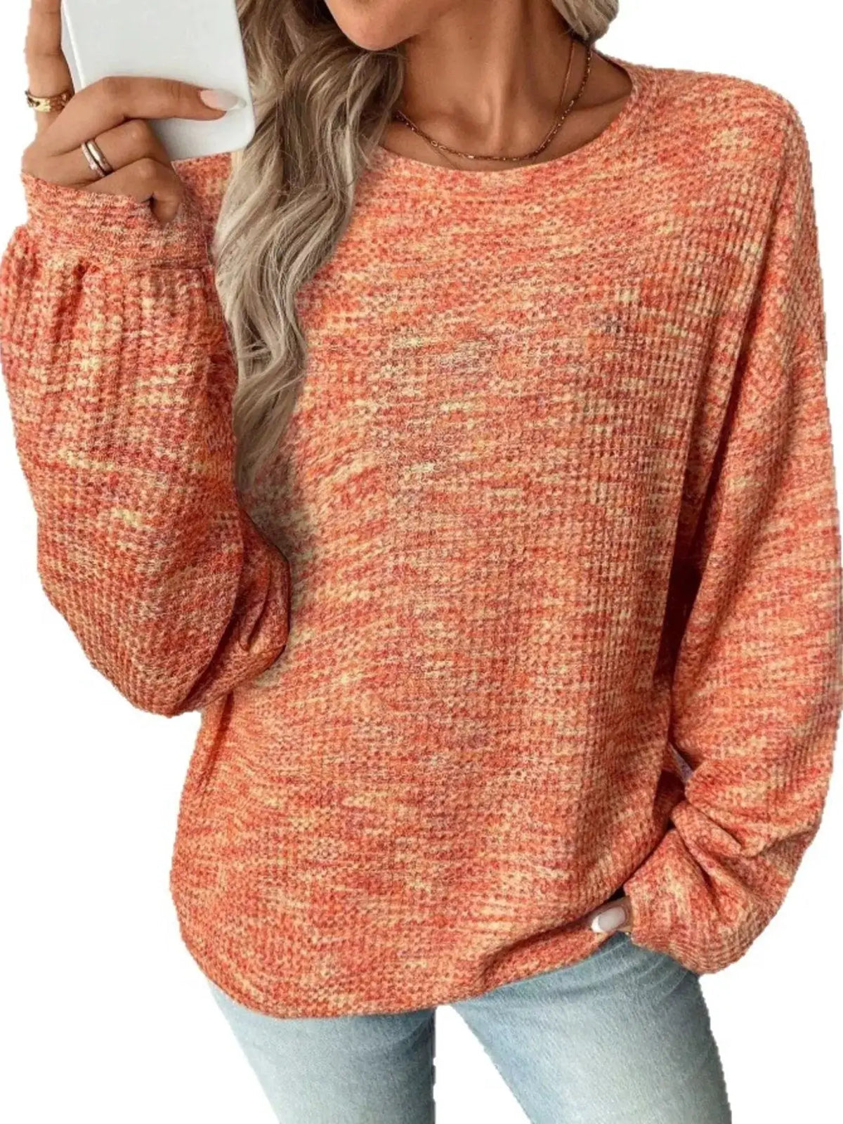Space-Dyed Long Sleeve Waffle-Knit Top by Trendsi