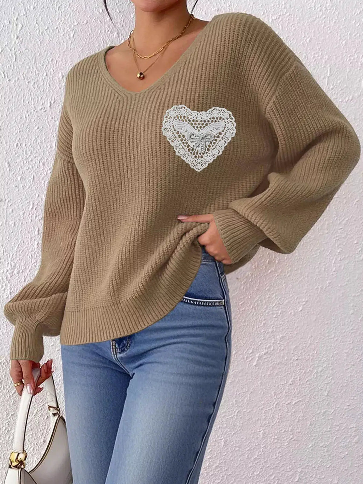 Lace Heart Dropped Shoulder Sweater by Trendsi