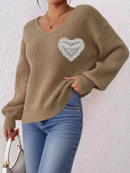 Lace Heart Dropped Shoulder Sweater by Trendsi