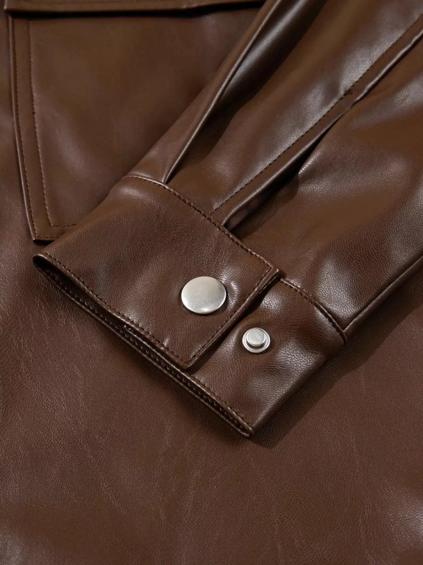 Double Flap Pocket Drawstring Hem Leather Jacket by Trendsi
