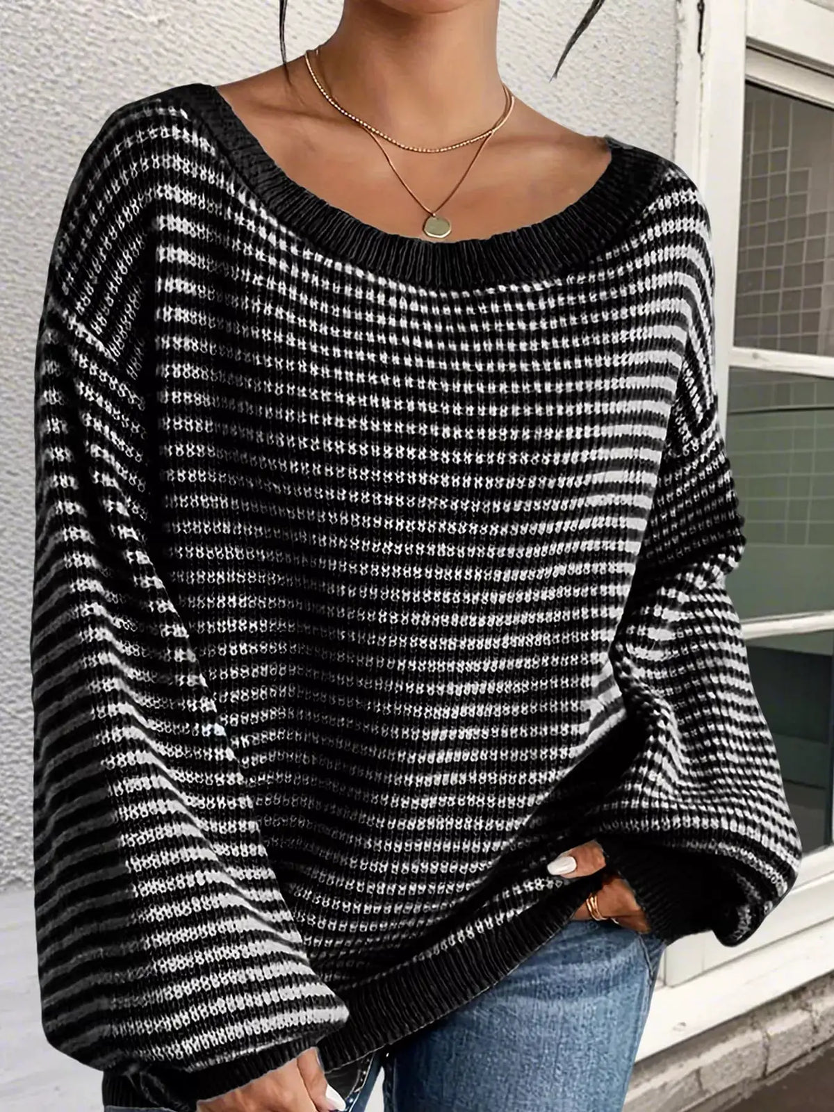 Striped Knit Boat Neck Sweater by Trendsi