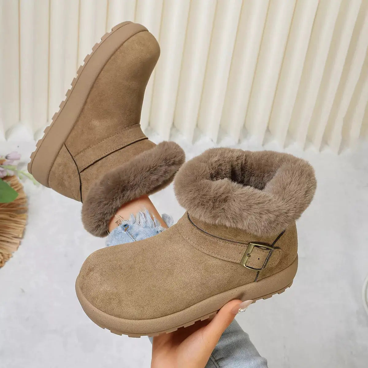 Round Toe Fuzzy Boots by Trendsi
