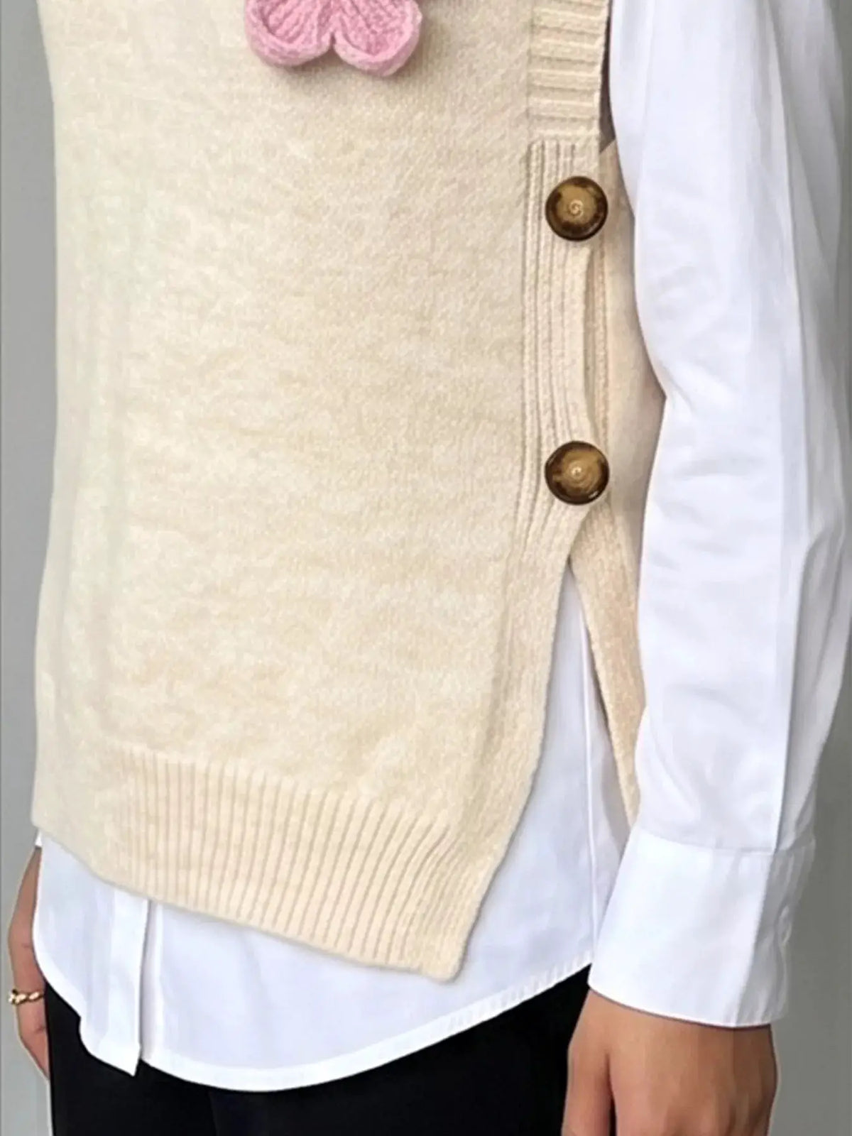 Side Button Sweater Vest with 3D Floral Appliques by Trendsi