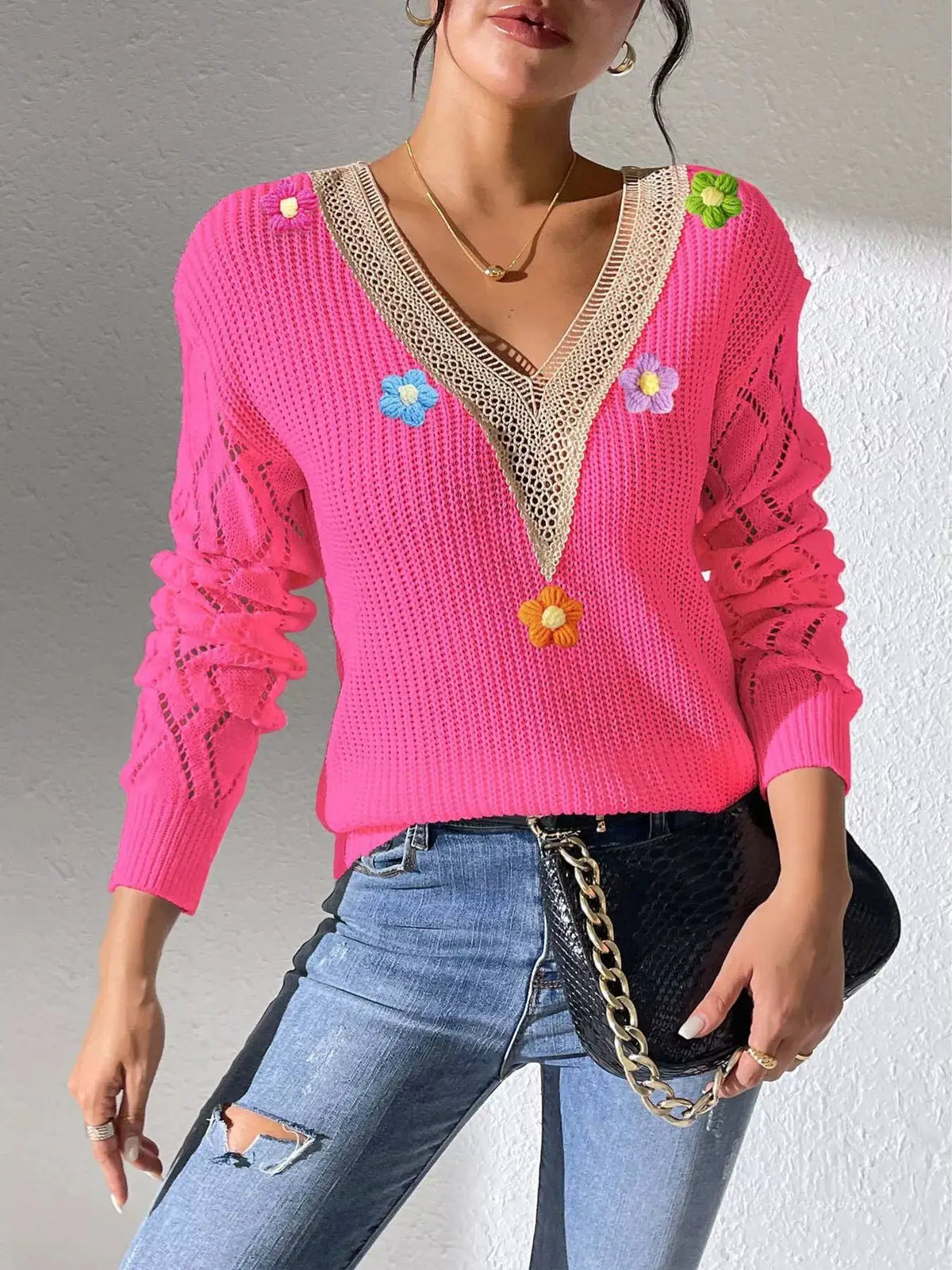 Floral Applique V-Neck Openwork Sweater by Trendsi