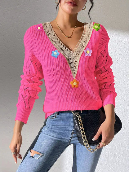 Floral Applique V-Neck Openwork Sweater by Trendsi