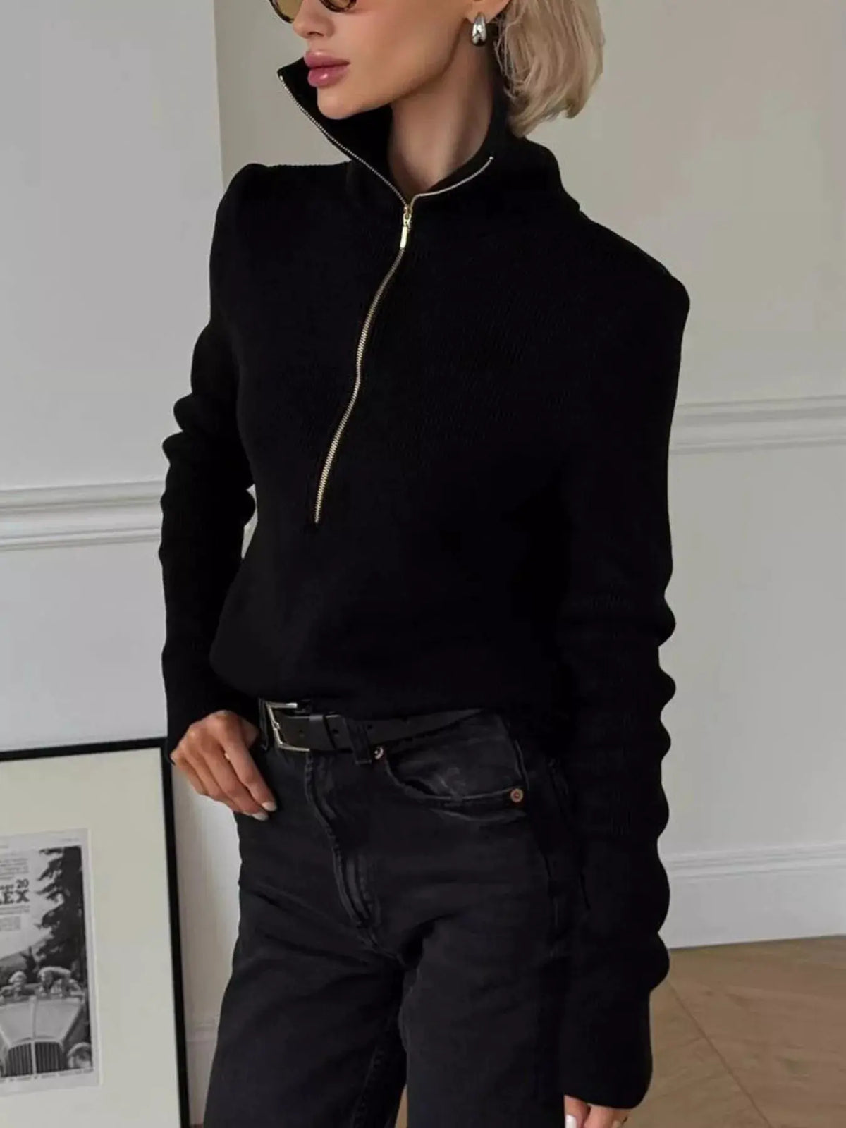 Ribbed Knit Quarter-Zip Sweater by Trendsi