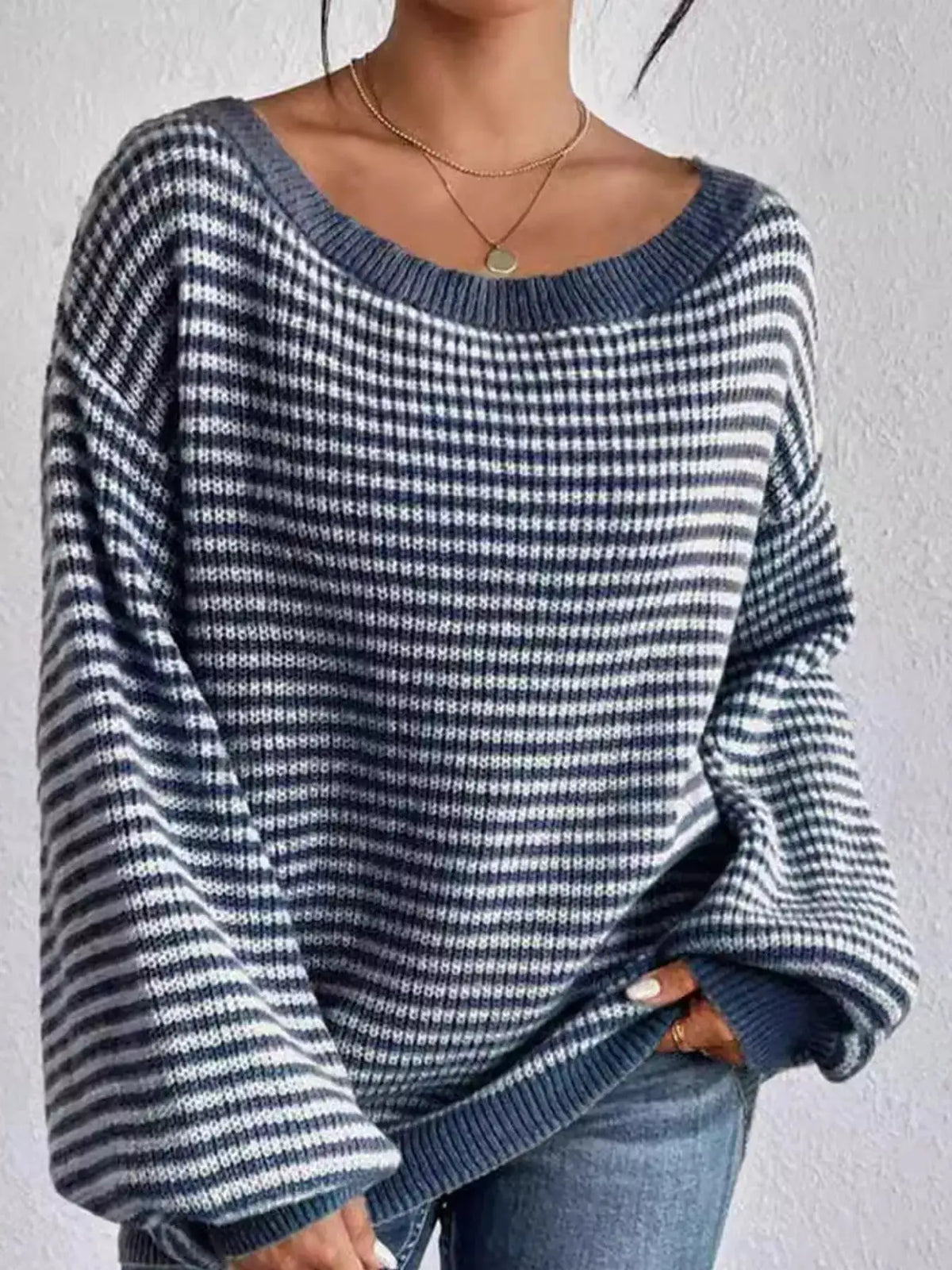 Striped Knit Boat Neck Sweater by Trendsi