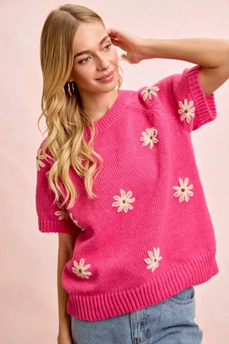 BiBi Flower Embroidered Short Sleeves Knit Top by Trendsi