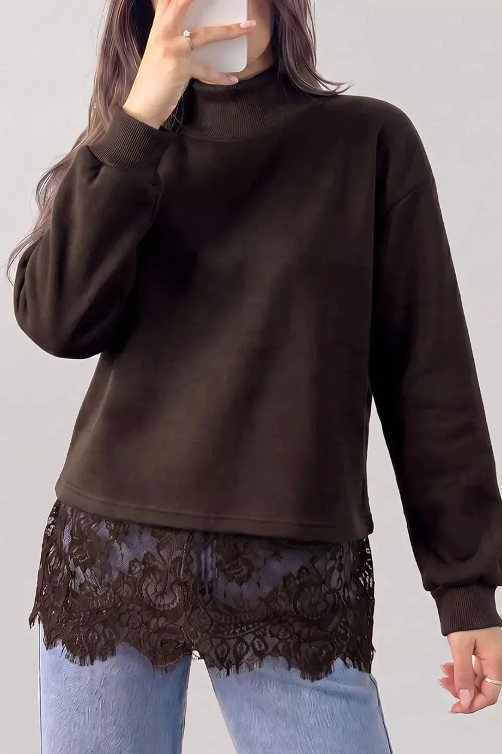 Lace Hem Mock Neck Sweatshirt by Trendsi