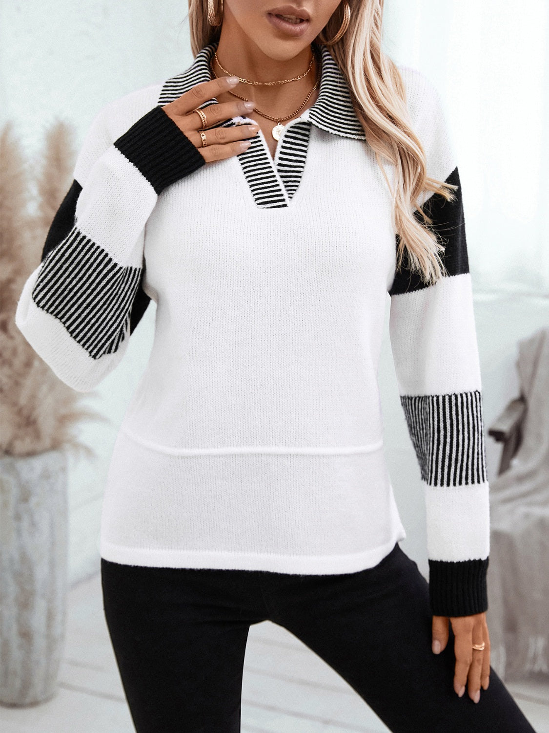 Striped Johnny Collar Drop Shoulder Sweater