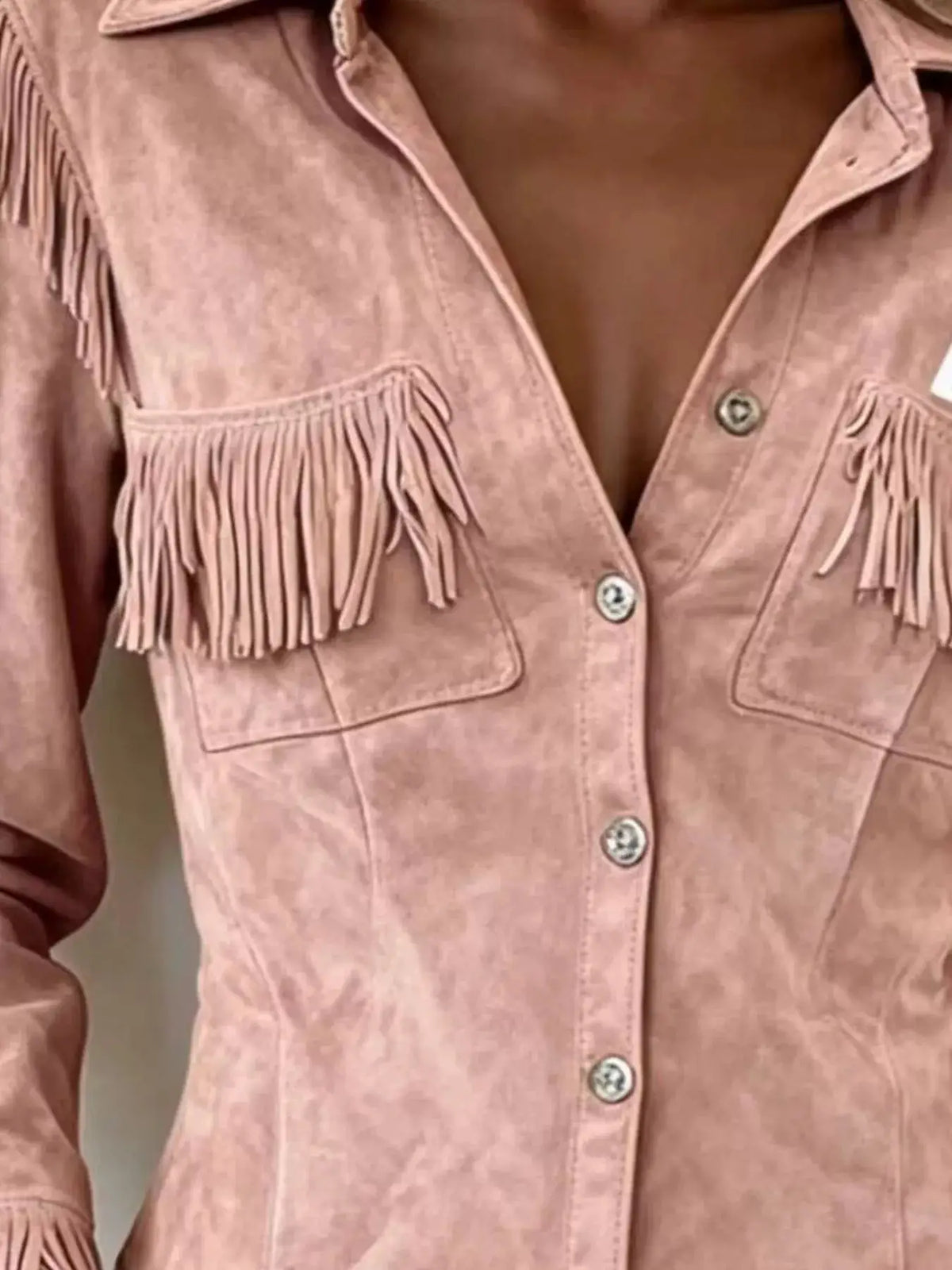 Full Size Fringed Snap Down Jacket Plus Size by Trendsi
