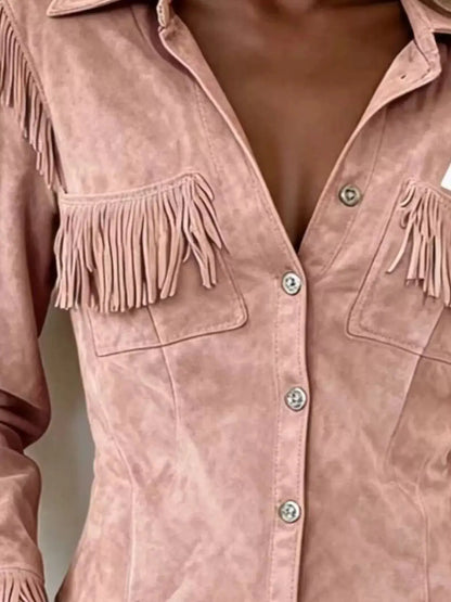 Full Size Fringed Snap Down Jacket Plus Size by Trendsi