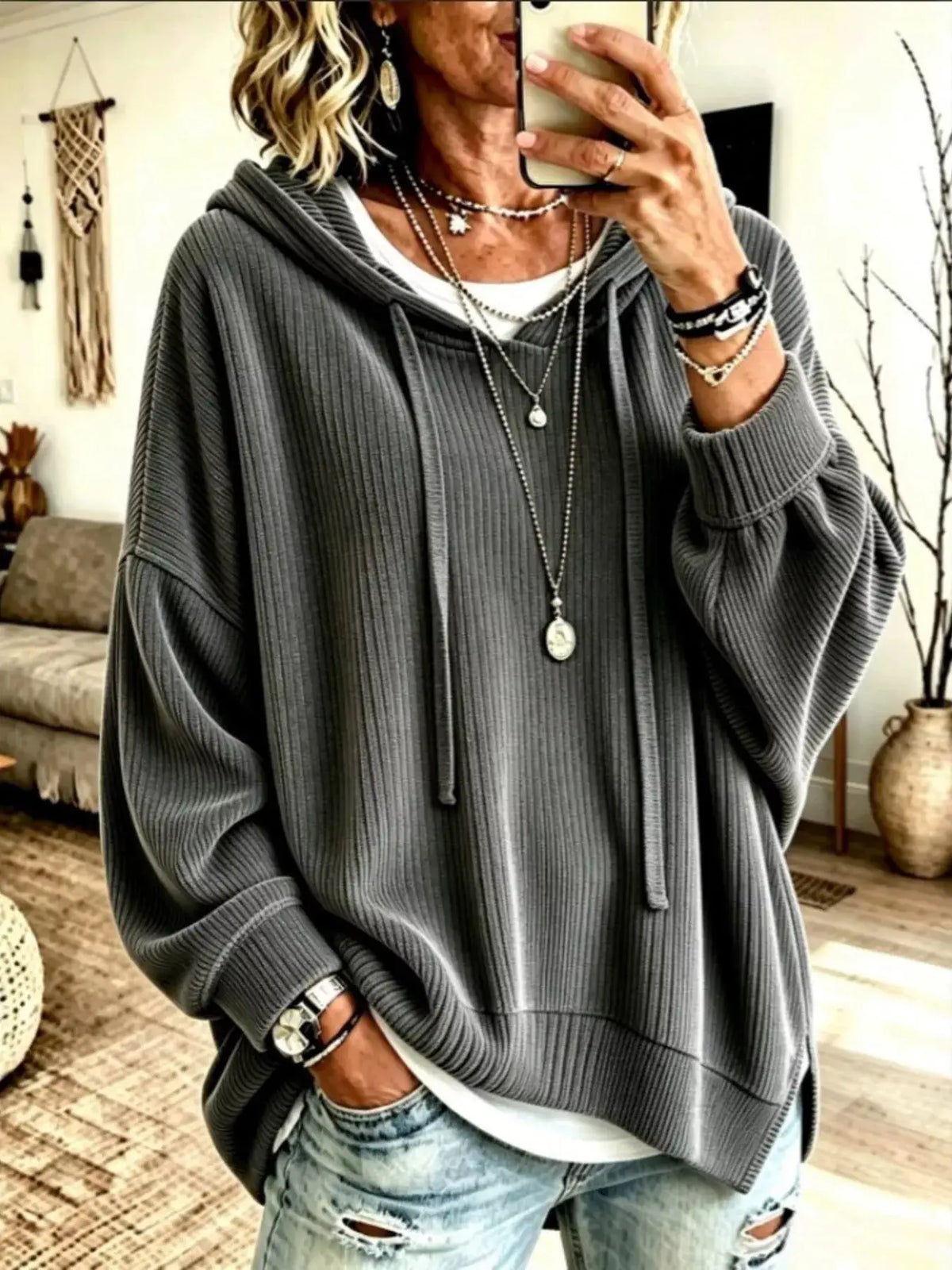 Drawstring Ribbed Knit Hoodie by Trendsi