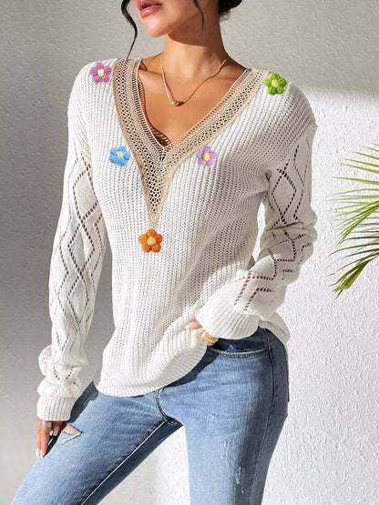 Floral Applique V-Neck Openwork Sweater by Trendsi