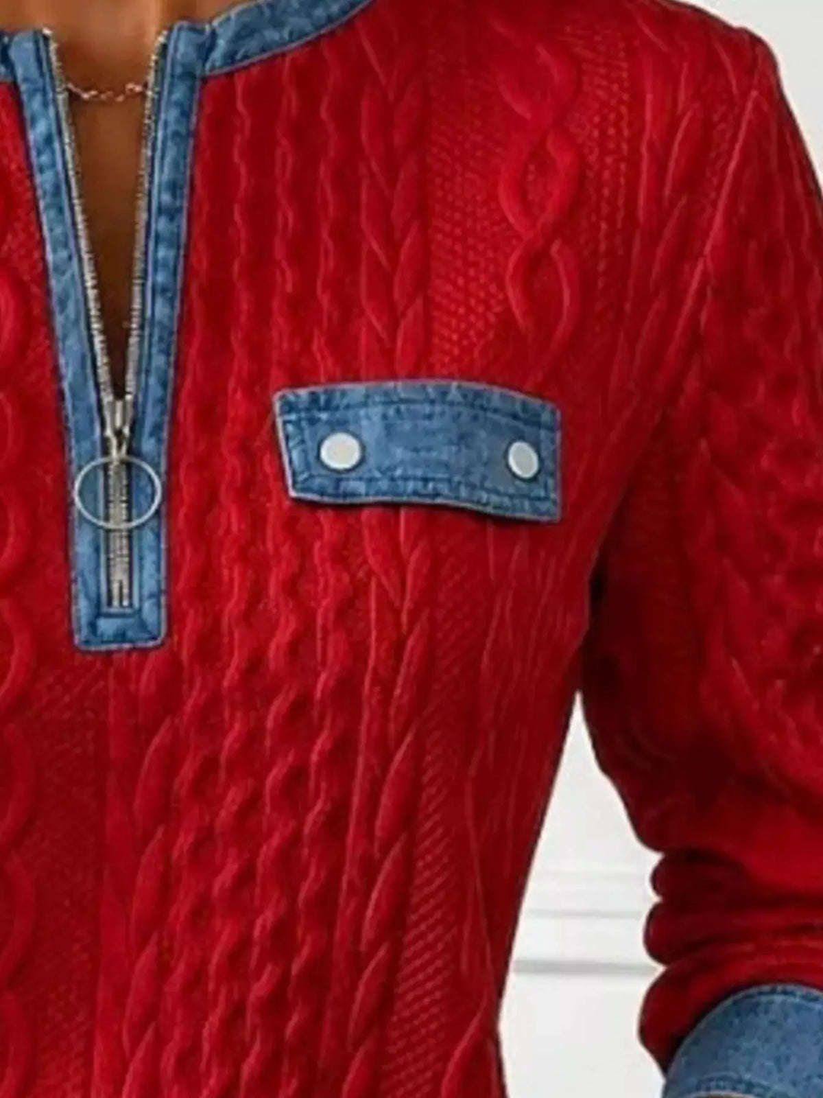 Full Size Denim Contrast Trim Quarter Zip Texture Sweatshirt Plus Size by Trendsi