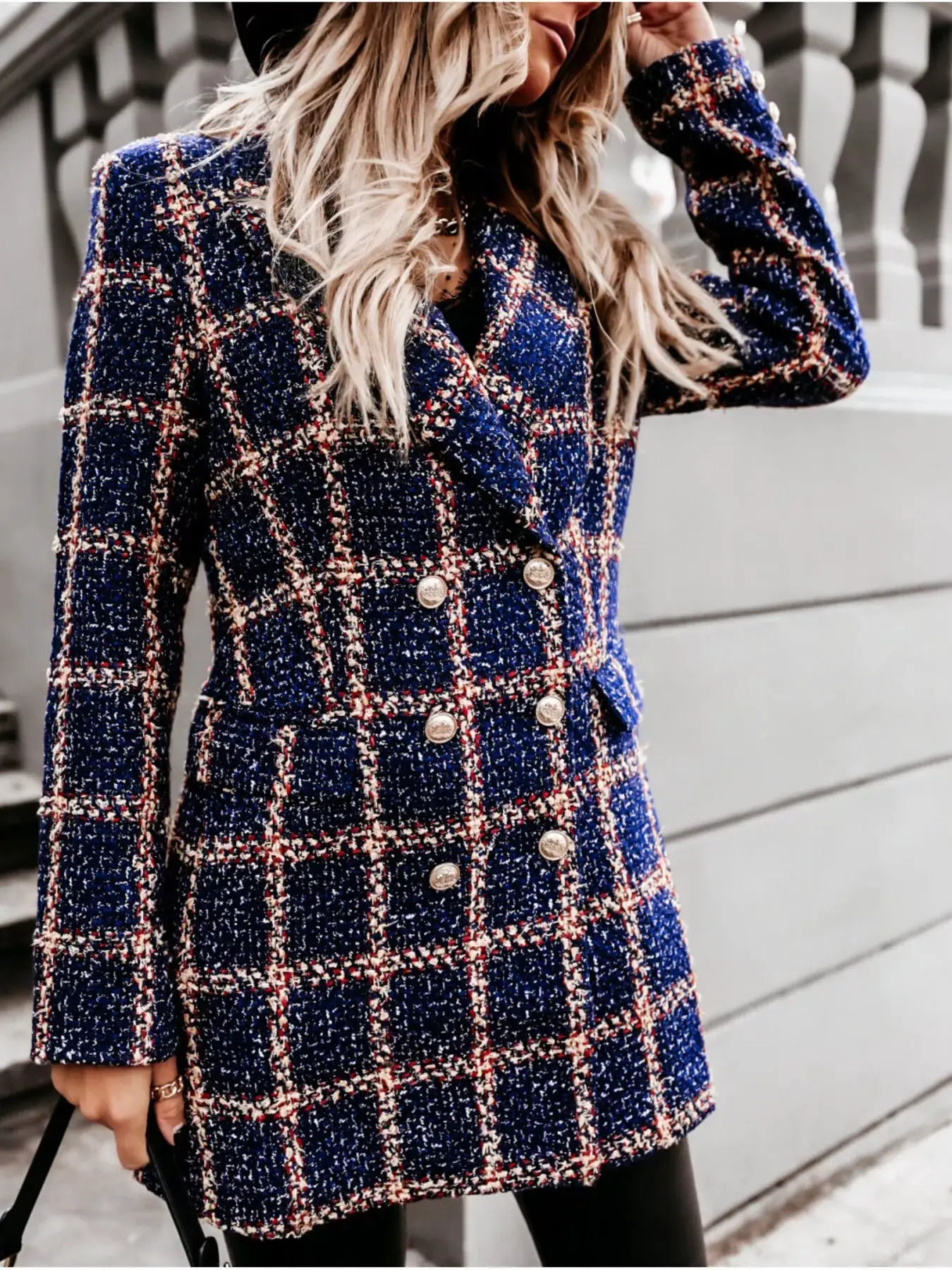 Plaid Tweed Double-Breasted Coat by Trendsi