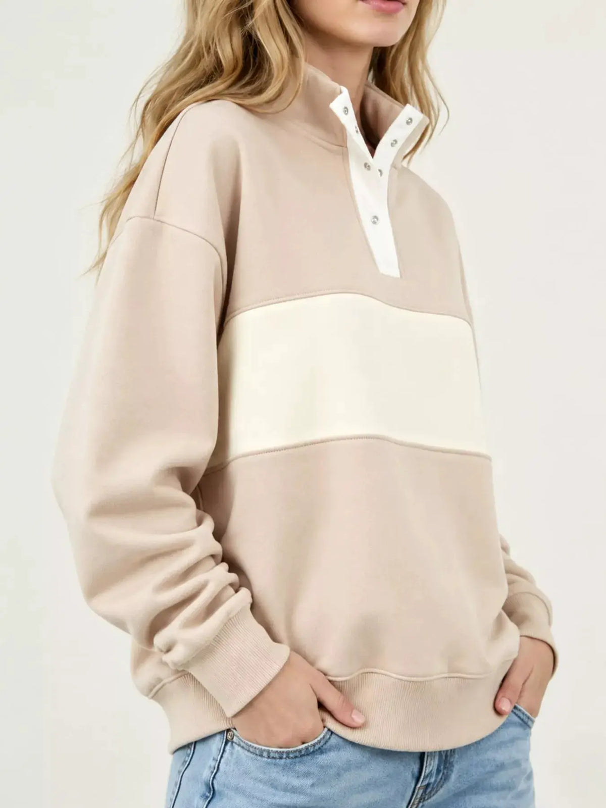 Full Size Color Block Snap-Button Sweatshirt Plus Size by Trendsi